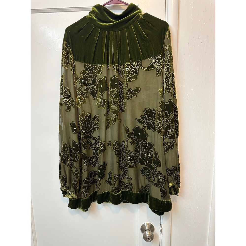 Soft Surroundings Velvet Burnout Floral Sequin Blouse Olive Green Mock Neck‎ XL